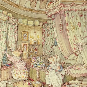 May include: A watercolor illustration of a nursery scene with two mice. One mouse is holding a baby in a crib, while the other mouse is standing near a window. The nursery is decorated with floral curtains, a canopy bed, and a chandelier.