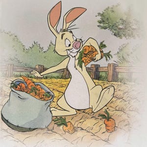 Winnie the Pooh, Rabbit Collecting Carrots, Disney, 2000 Vintage Book Print, Bookplate