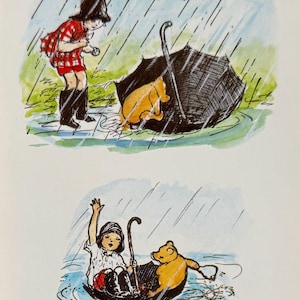 Winnie l'ourson, Christopher Robin, parapluie, pluie, ours, carte postale vintage 1992