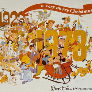 Disney, Mickey Mouse, Pluto, Dumbo, Peter Pan, Dálmata, Alice no País das Maravilhas, Natal, Cartão Postal Vintage de 1991