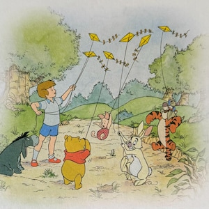 Winnie the Pooh Flying Kite, Eeyore, Piglet, Tigger, Bear, Donkey, Pig, Rabbit, Tiger, Disney, 2000 Vintage Book Print, Bookplate