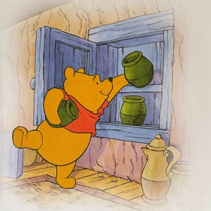 Winnie the Pooh Reaching For Honey Pots, Disney, 2000 Vintage Book Print, Bookplate