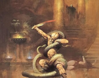 Frank Frazetta, Warrior Fighting Snake, Fantasy Art, 1999 Vintage