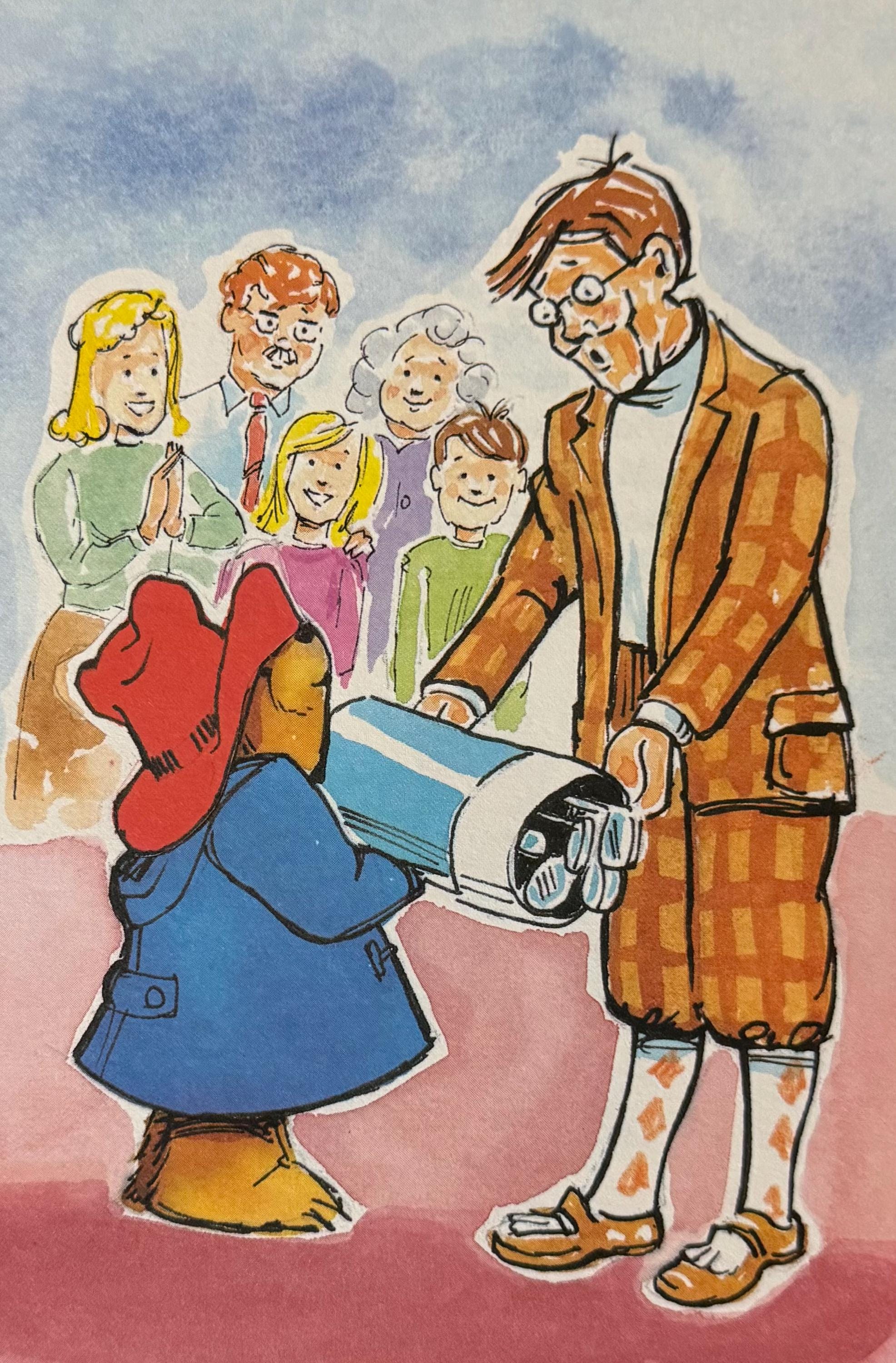 Paddington Bear, Golf Clubs, 1989 Vintage Book Print, Bookplate