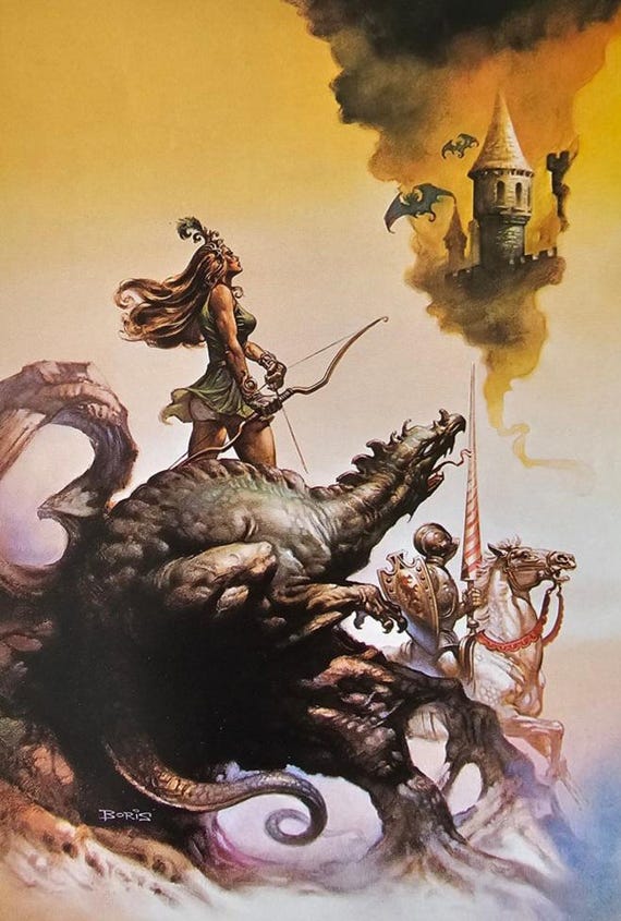 Boris Vallejo, Female Archer Riding Dragon, Fantasy Art, 1979