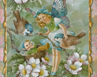 Shirley Barber, Faeries, Fairy, Fairies, Birds, Fantasy Art, 2004 Vintage Book Print, Bookplate