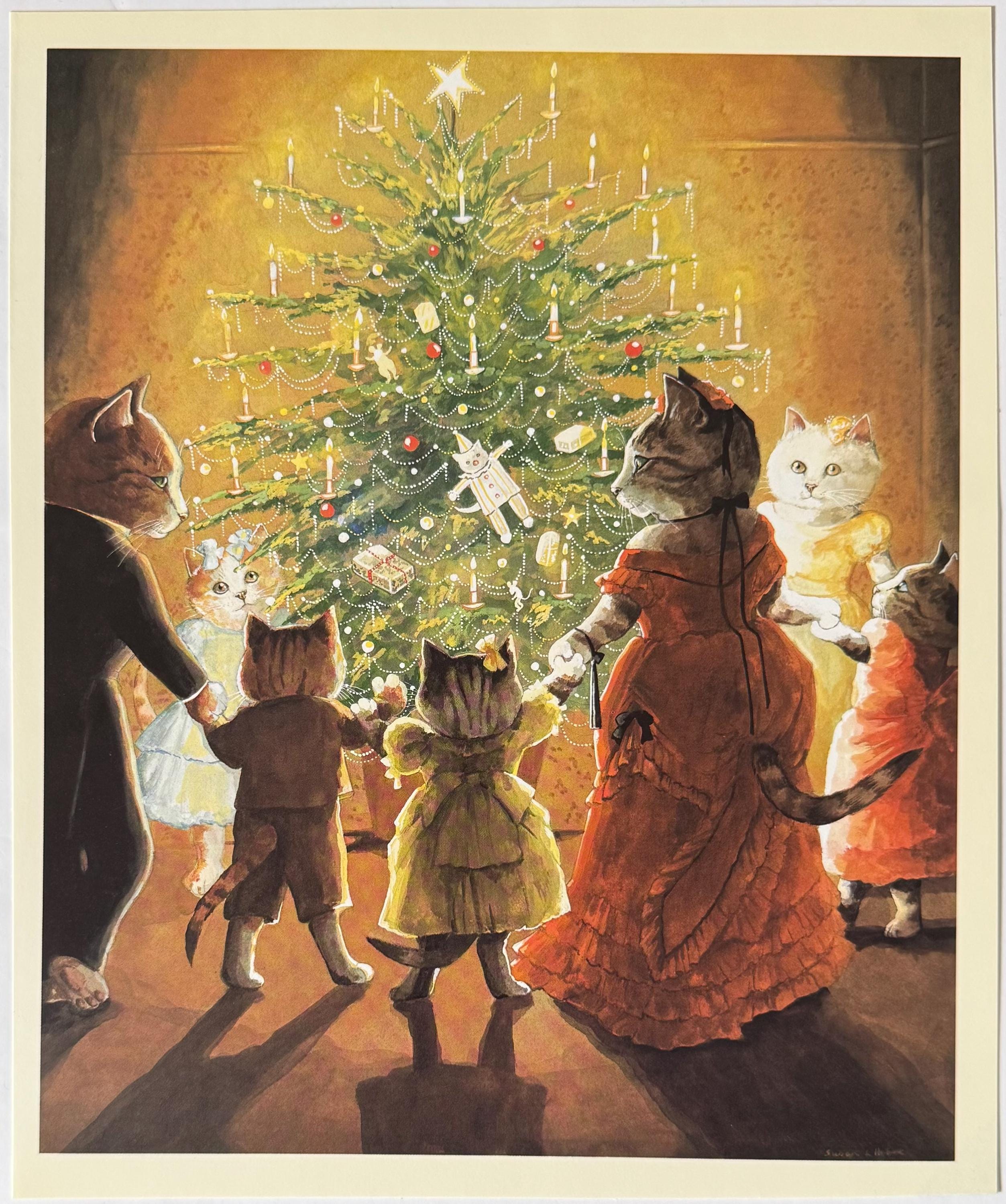 稲垣知雄　木版画　「Cat and Christmas Tree」 Susan Herbert, Victorian Cats, Christmas Tree, Kittens, 1991