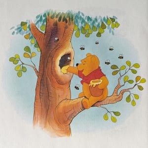 Winnie the Pooh Collecting Honey, Bees, Disney, 2000 Vintage Book Print, Bookplate