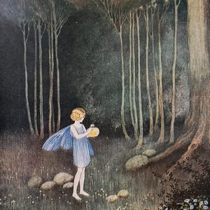 May include: A vintage illustration depicting a fairy in a blue dress and wings, holding a glowing orb in a forest setting. The artwork has a dark, atmospheric feel with tall, slender trees and a soft, ethereal glow.