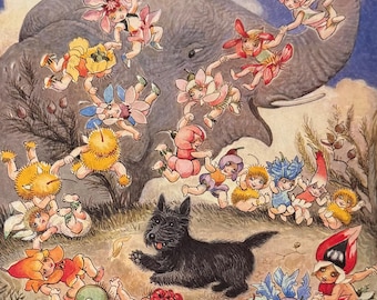 Bebés de Goma, May Gibbs, Bebés de Flores Volando en la Brisa, Elefante, Personajes de la Naturaleza Australiana, Impresión de Libro Vintage de 1992, Ex libris