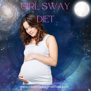 May include: A pregnant woman in a white tank top stands against a blue and purple galaxy background with a large moon in the upper right corner. The text "GIRL SWAY DIET" is written in pink letters above her head. The text "www.cosmicwaymethod.com" is written in white letters at the bottom of the image.