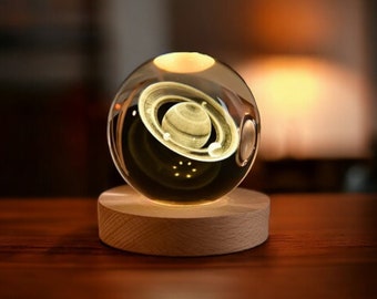 Saturn Planet Crystal Ball Lamp, Ambient Warm Night Light USB Powered Wood Base Light with Glass Crystal Ball 3D Planet Design