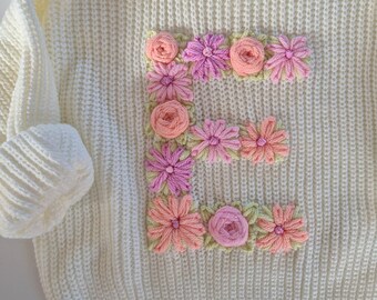 Personalised initials flower letters, toddler jumpers,kids knitwear,baby jumpers,flower print jumpers,handmade embroidered jumpers,baby gift