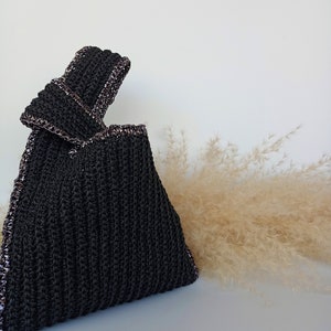 Sac à noeud japonais, cadeaux pour la fête des mères, sac de poignet de luxe, sac noir minimaliste en corde de papier, sac à main artisanal, sac de paille de fête métallique argenté
