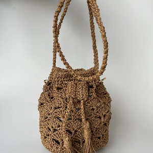 Handmade Rafia Bucket Bag,Natural Paper Yarn Bag,Drawstring Crossbody Bag,Handcrafted Summer Bag,Mini Crochet HandBag,Mother&#39;s Day Gift