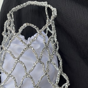 Silver Bucket Bag,Mini Metallic Bag,Luxury Evening Handmade Crochet,Drawstring Silver Straw Purse,Metallic Party Pouch Bag,Mother&#39;s Day Gift