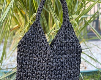 Black Mesh Casual Crochet,Handmade Fishnet Purse,Leather Knitted Tote Bag,Stylish Shoulder Straw Bag,Mother's Day Gifts,Large Bag in Black