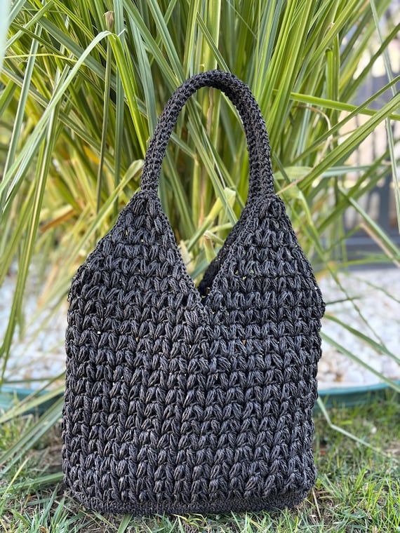 crochet fish net purse Black Mesh Casual Crochet,handmade Fishnet Purse,leather Knitted Tote Bag,stylish  Shoulder Straw Bag,mother's Day Gifts,large Bag in Black