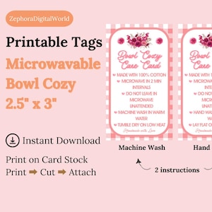 Printable Tag/Care Card for Microwave Bowl Cozy Instant Download Print Cut & Attach Handmade Homemade Item Crafts Small Entrepreneur