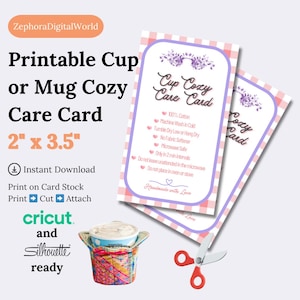 Printable Cup Cozy Care Card, Wash Instructions (Digital Download)