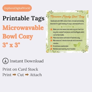 Printable Tag/Care Card for Microwave Bowl Cozy Instant Download Print Cut & Attach Handmade Homemade Item Crafts Small Entrepreneur