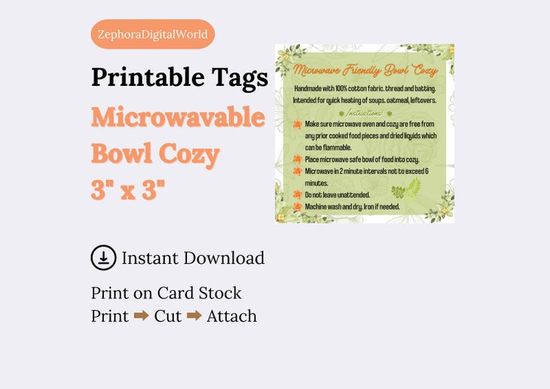 Printable Tag/care Card for Microwave Bowl Cozy Instant Download Print ...