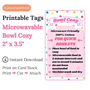 Printable Polkadots Tag/Care Card for Microwave Bowl Cozy Instant Download Print Cut Attach Handmade Homemade Item Crafts Small Entrepreneur
