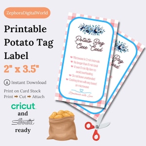 Puede incluir: Etiqueta de patata imprimible, 5,08 cm x 8,89 cm, con diseño floral e instrucciones de cuidado. Incluye una bolsa de patatas, tijeras y el texto: "Descarga instantánea", "cricut y silhouette ready".