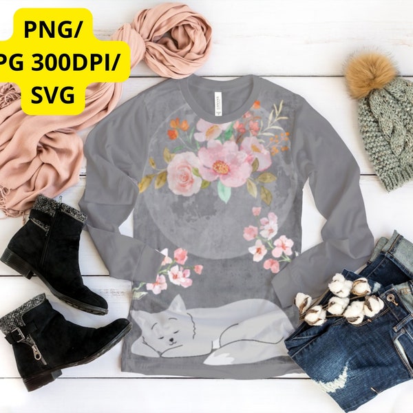 T-shirt cat and flowers, Digital shirt, Feminine style, cat print, Digital art, Luna Shirt, Cat lover, SVG, PNG, JPG.