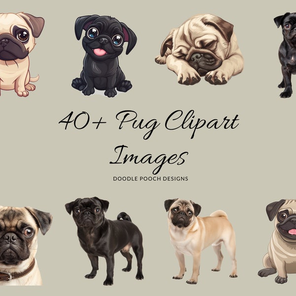 Pug Clipart | 40+ Pug Images | Dog Breed Clipart | 300dpi Clipart Commercial Use | Transparent PNGs | Cute Dog Clipart