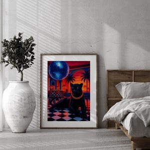 Luxury Panther Disco Wall Art – Retro Neon Jungle Cat Print, Digital Download Poster for Glam Room Decor, Urban Vibes, Bold Design