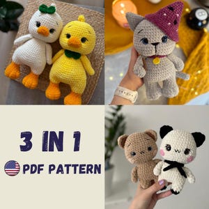 May include: A digital download PDF pattern for crocheting three amigurumi toys: a yellow chick, a gray cat wearing a purple hat, and a brown bear. The pattern is available in English and includes instructions for making each toy.