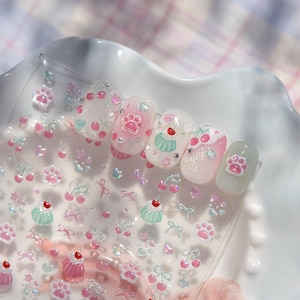 Pudding and Cat Glass Nails Art Stickers | Nail Decals | Nail Deco Sticker | Nail DIY Stickers | 3D embossed Self-Adhesive Nail Sticker