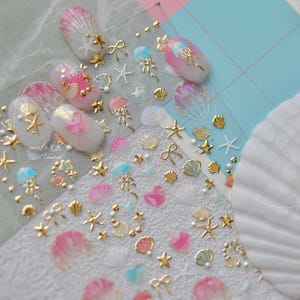Pink Shells Glass Nails Art Stickers | Nail Decals | Nail Deco Sticker | Nail DIY Stickers | 3D embossed Self-Adhesive Nail Sticker
