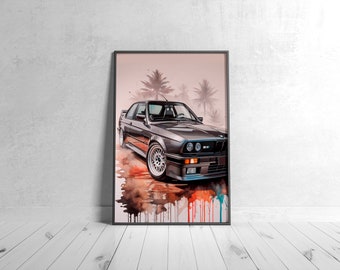Póster de acuarela del BMW e30 M3, arte mural automotriz (descarga digital)