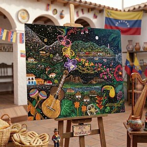 May include: A rectangular painting on an easel featuring a night scene with a guitar, maracas, a toucan, and colorful orchids. The artwork displays a landscape with houses, mountains, and a starry sky. A small sign on the easel reads ARTE DE VENEZUELA.