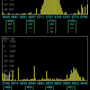 May include: Screenshot of a mobile device showing the "FPV Scanner" app. The display features yellow bar graphs and numerical data, indicating real-time information. Text includes app name and other details.