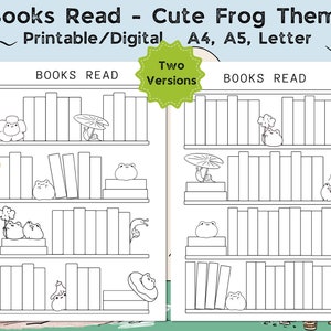 Libros temáticos de ranas lindas leen imprimibles digitales, rastreador de registros de libros de lectura, plantilla de rastreador de estantería 36 y 50 libros para leer A4, A5, carta