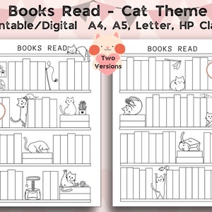 Libros temáticos de gatos leídos digitalmente imprimibles, rastreador de registros de libros de lectura, desafío de lectura de plantillas de estantería 36 y 50 libros para leer A4,A5,Carta,HP