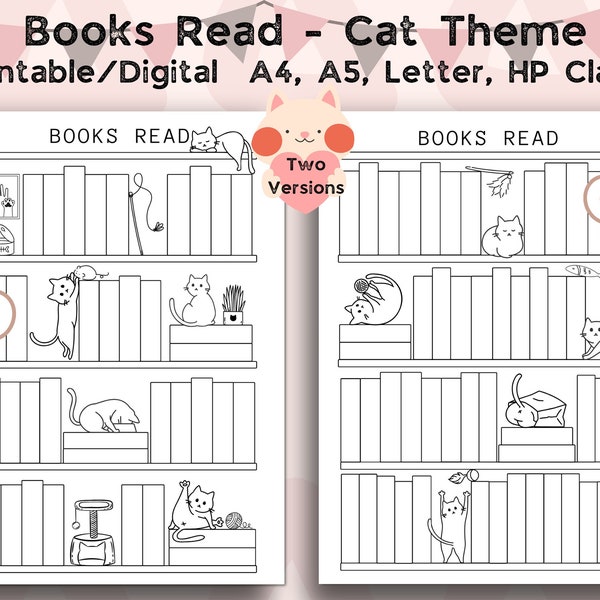 Cat Theme Books Read Digital Printable, Reading Book Log Tracker, Bookshelf Template Reading Challenge 36 & 50 books to Read A4,A5,Letter,HP