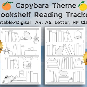 Tema Carpincho Estantería imprimible Registro de libros de lectura / Desafío de lectura 20-50 Libros Tracker Planner Plantilla digital, A4/ A5/ Carta/ HP