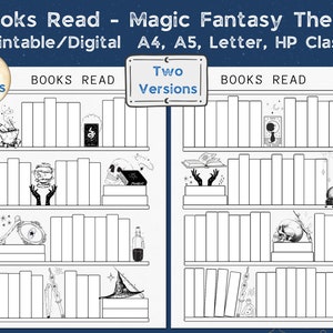 Libros temáticos de fantasía mágica leídos digitalmente imprimibles, rastreador de registros de libros de lectura, plantilla de rastreador de estantería 36-50 libros para leer A4, A5, carta, HP