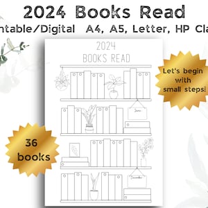 2024 Libros leídos digitalmente imprimibles, rastreador de registros de libros de lectura, desafío de lectura de plantillas de estantería 36 libros para leer A4, A5, Carta, HP