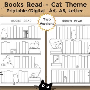 Libros temáticos de gatos leídos digitalmente imprimibles, rastreador de registros de libros de lectura, desafío de lectura de plantillas de estantería 36 y 50 libros para leer A4, A5, carta