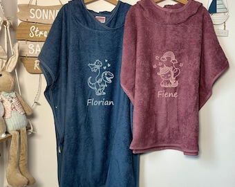 Poncho de baño personalizado, 2 tallas, diseño bordado + nombre deseado, dinosaurio, unicornio, zorro, tela de rizo de algodón, azul oscuro/malva