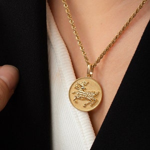 14K Solid Gold Aries Necklace, Aries Zodiac Sign Coin Pendant, Personalized Horoscope Jewelry, Astrology Sign Charm, Birthday Aries Gift