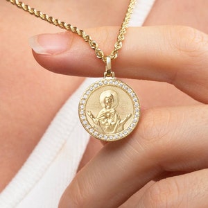 14K Gold Diamant Jungfrau Maria Halskette: Christlicher Schutzanhänger