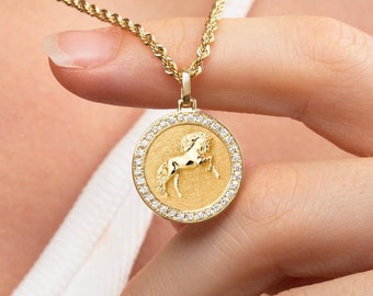 14K Gold Diamond Horse Medallion Necklace: Equestrian Jewelry Gift