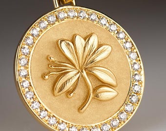 14K Gold Diamond Honeysuckle Flower Pendant: Gold June Jewelry
