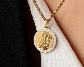 Collar con medallón de la Virgen María en oro de 14 quilates y diamantes: Colgante de la Virgen María hecho a mano